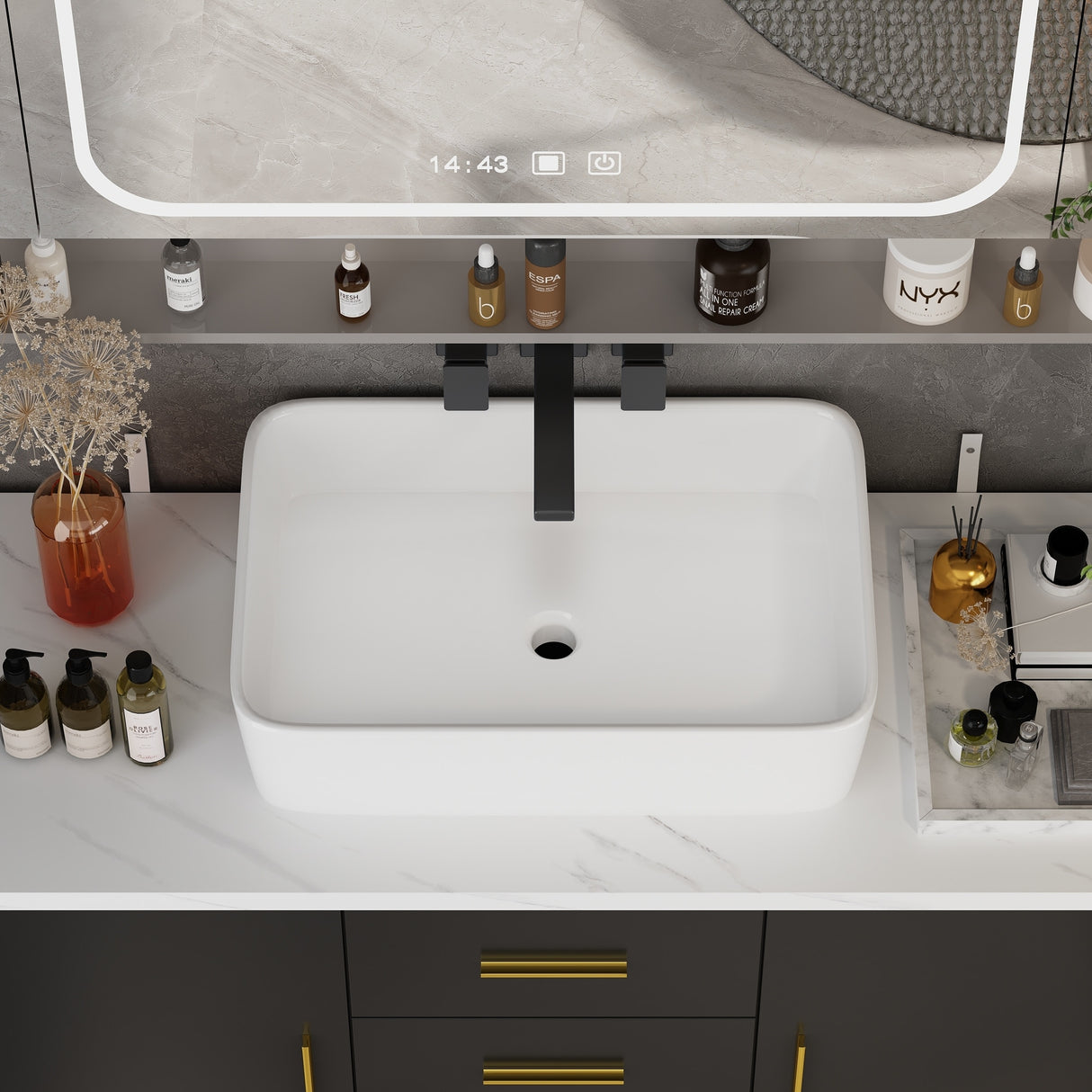 Free Standing Single Bathroom Vanity with Top Lacquer Black/Gold
