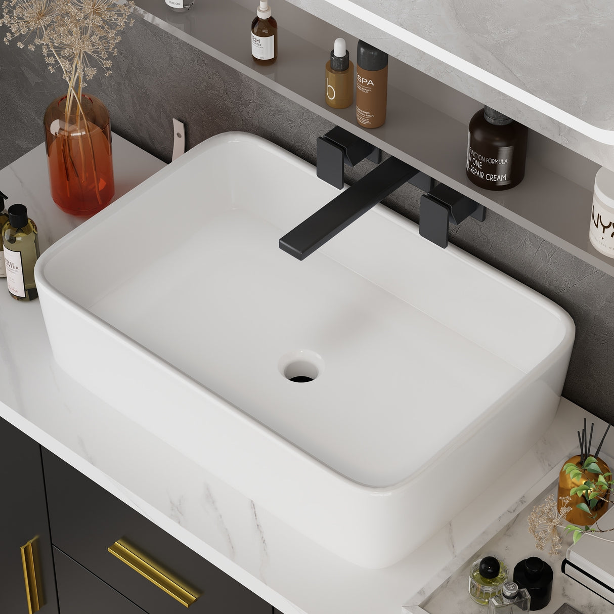 Free Standing Single Bathroom Vanity with Top Lacquer Black/Gold