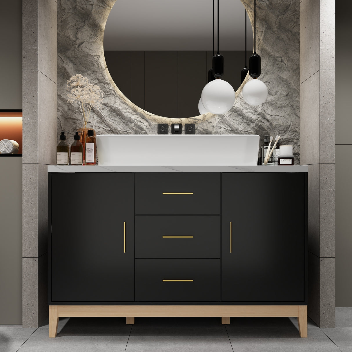 Free Standing Single Bathroom Vanity with Top Lacquer Black/Gold