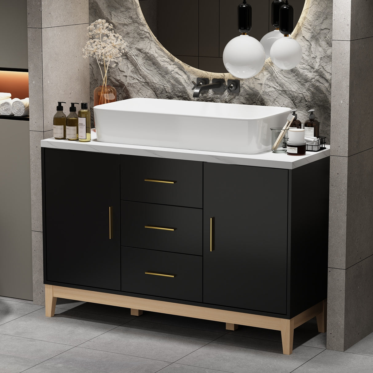 Free Standing Single Bathroom Vanity with Top Lacquer Black/Gold