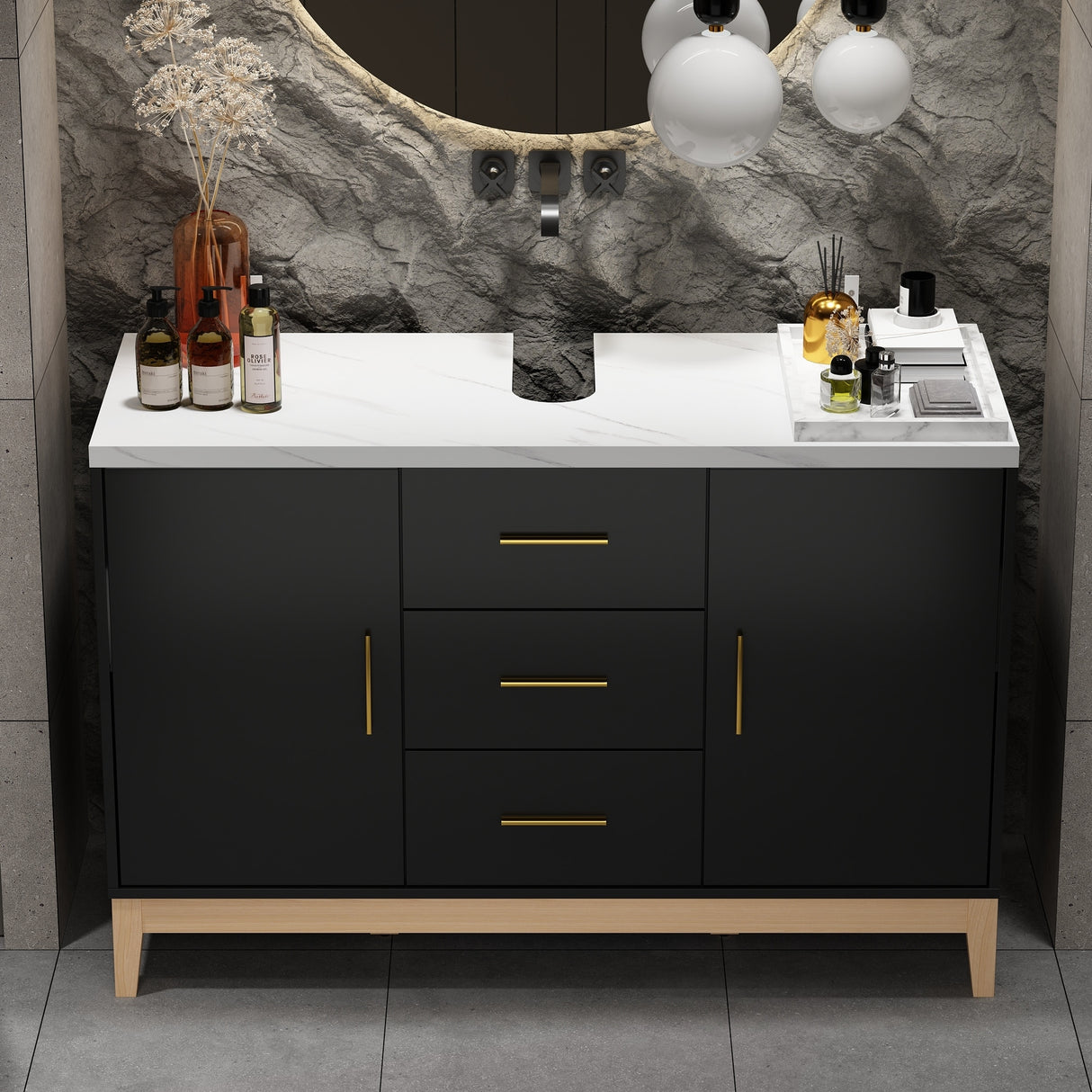 Free Standing Single Bathroom Vanity with Top Lacquer Black/Gold