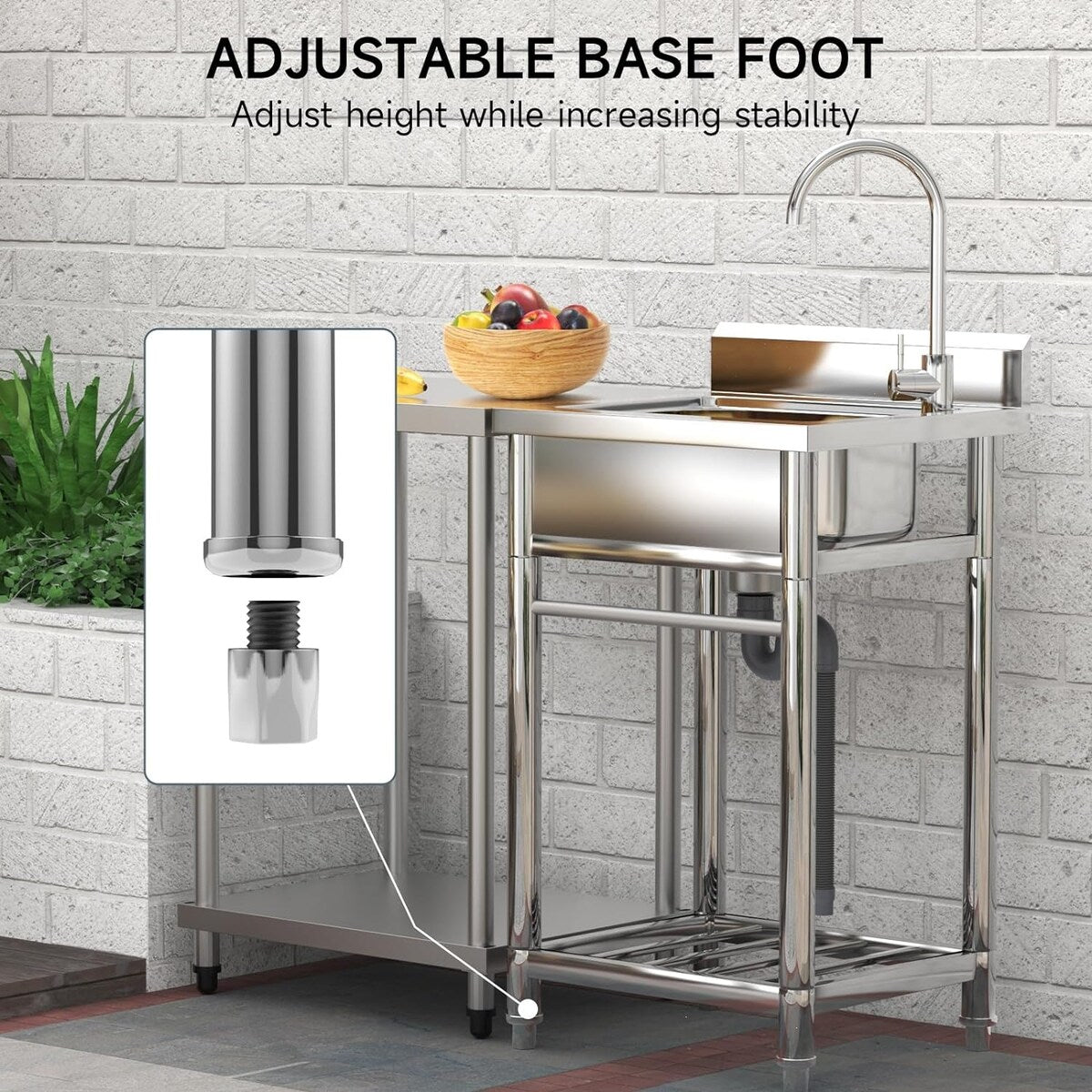 Free Standing Stainless Steel Utility Sink, Commercial Single Bowl Sink Set with Faucet