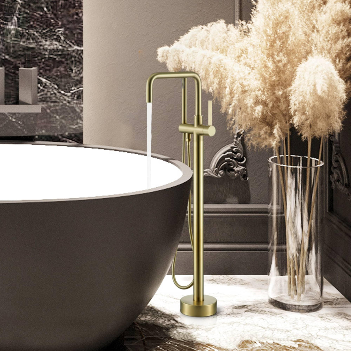 Free Standing Tub Faucet With Hand Shower Floor Mount Tub Faucets Brushed Gold Bathtub Filler Single Handle Modern Bathroom Taps