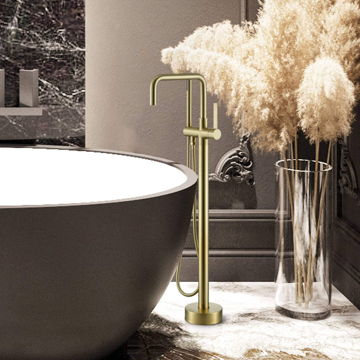 Free Standing Tub Faucet With Hand Shower Floor Mount Tub Faucets Brushed Gold Bathtub Filler Single Handle Modern Bathroom Taps