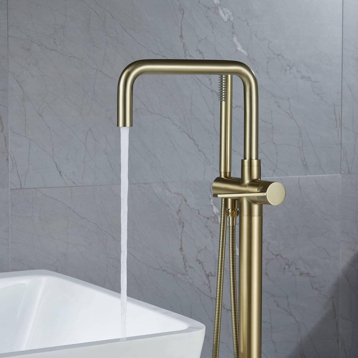 Free Standing Tub Faucet With Hand Shower Floor Mount Tub Faucets Brushed Gold Bathtub Filler Single Handle Modern Bathroom Taps