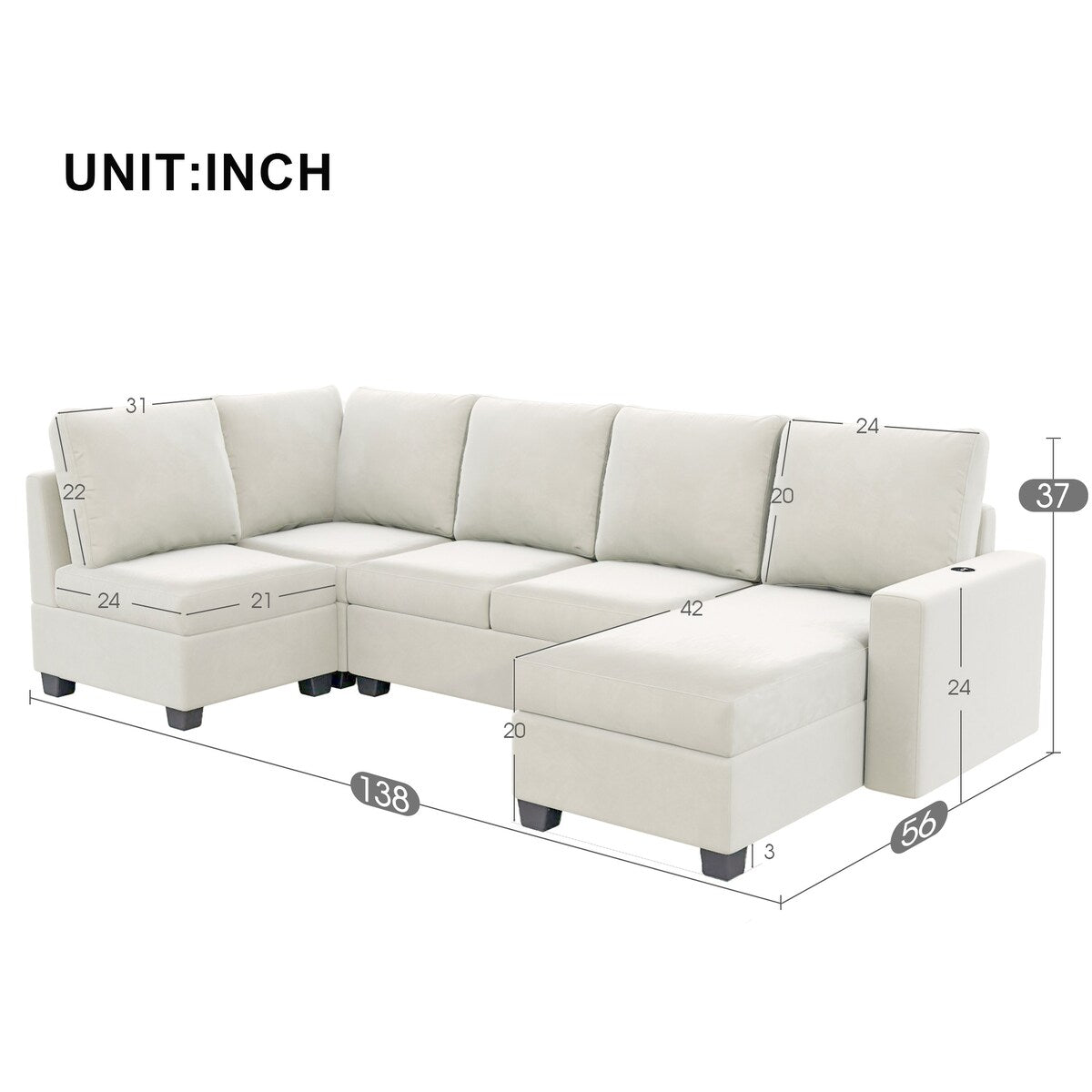 Freely Combinable L-Shape Sectional Sofa Couch with Chaise Lounge, 3 Colors