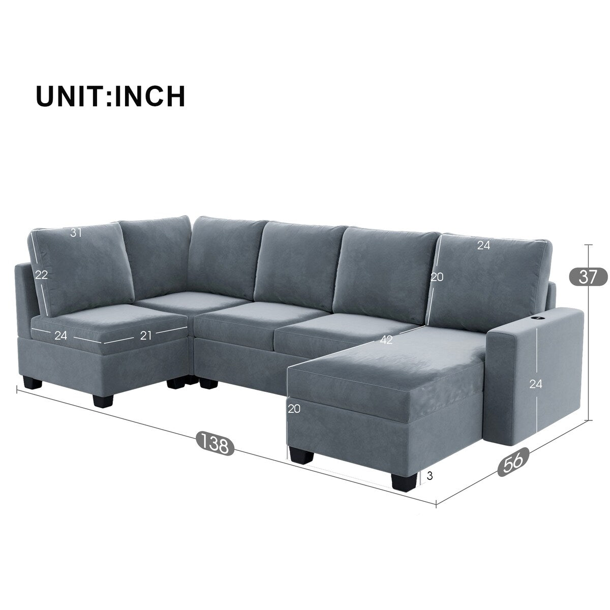 Freely Combinable L-Shape Sectional Sofa Couch with Chaise Lounge, 3 Colors