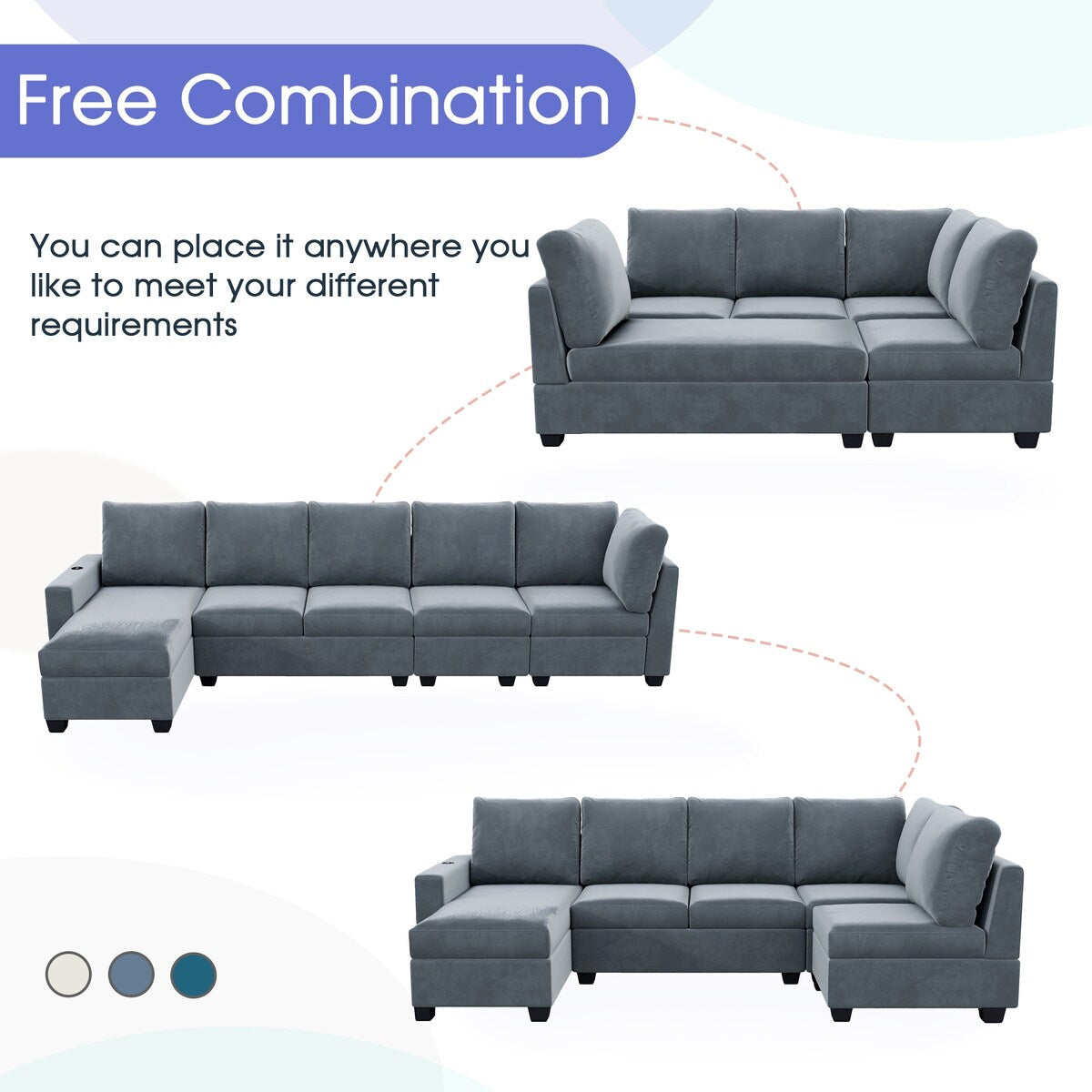 Freely Combinable L-Shape Sectional Sofa Couch with Chaise Lounge, 3 Colors