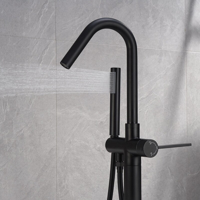 Freestanding Bathtub Floor Mount Faucet Single Handle with Hand Shower