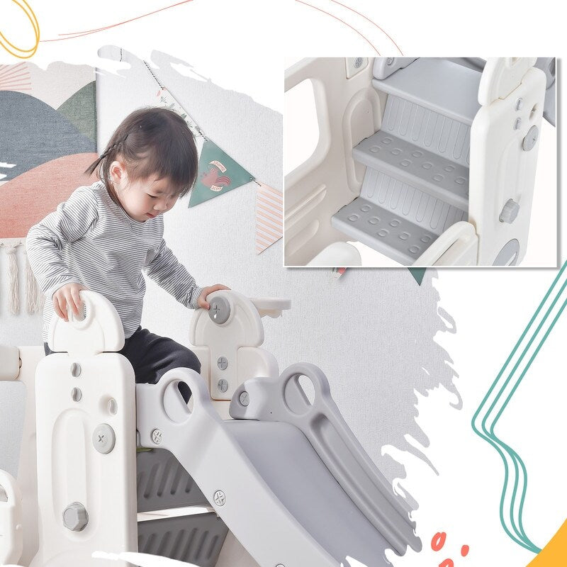 Freestanding Bus Climber Slide Set with Basketball Hoop for Toddlers, Grey