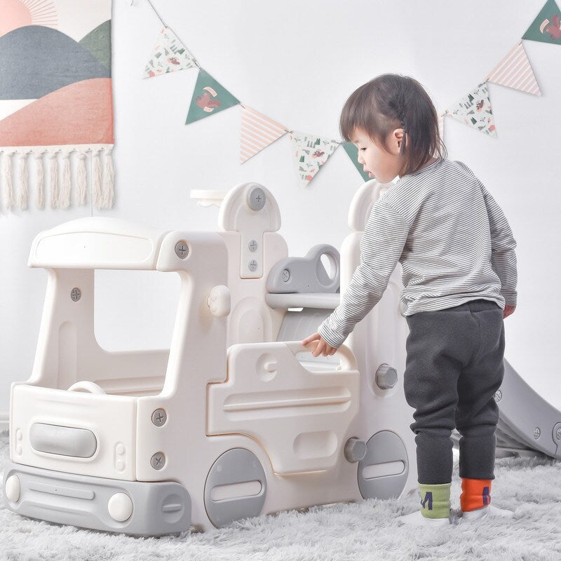 Freestanding Bus Climber Slide Set with Basketball Hoop for Toddlers, Grey