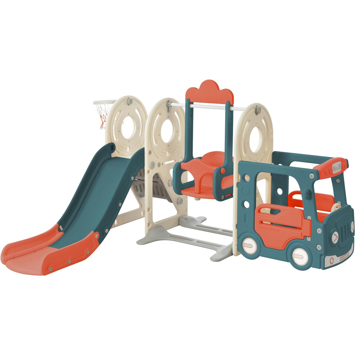 Freestanding Bus Toy with Slide Swing with Basketball Hoop