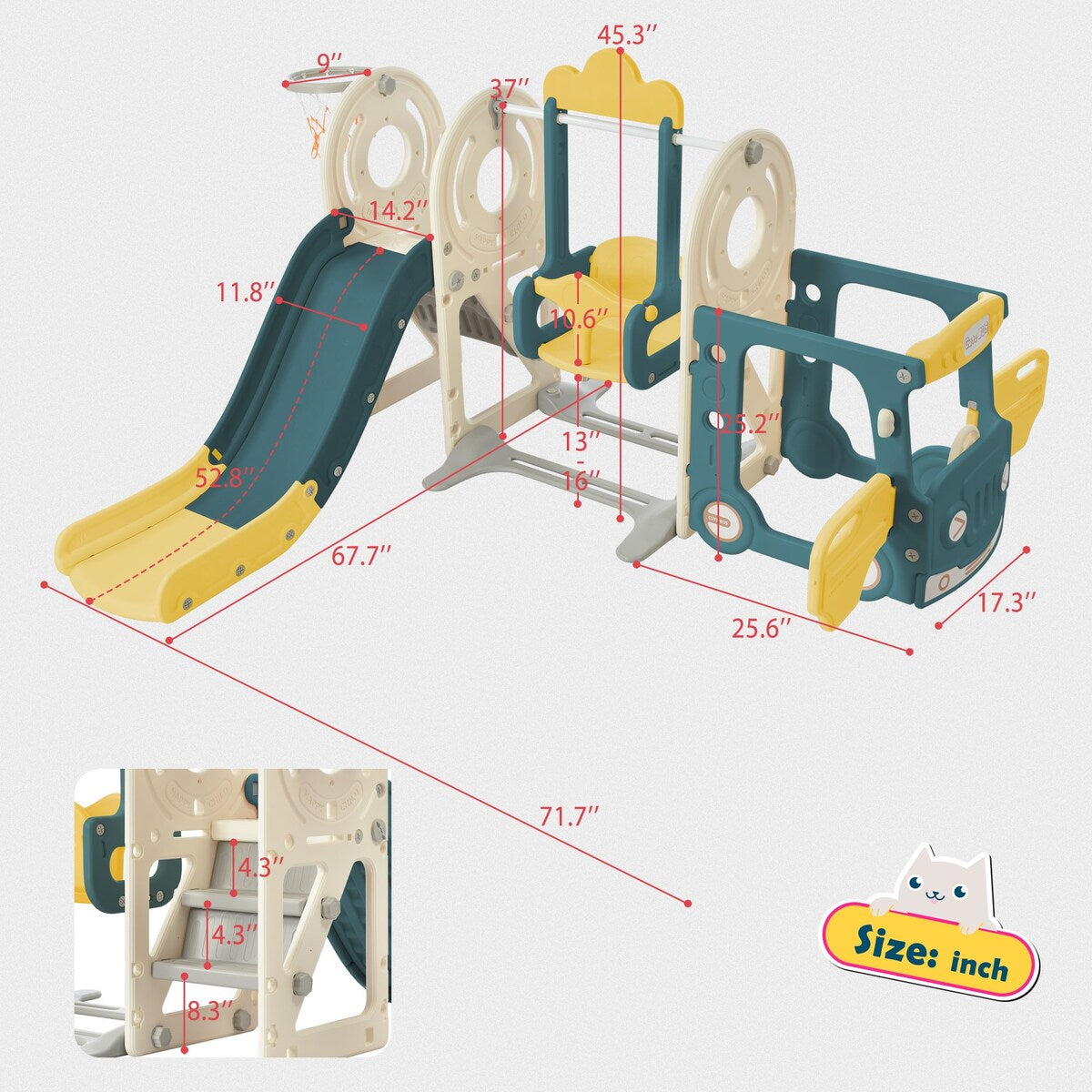 Freestanding Bus Toy with Slide Swing with Basketball Hoop