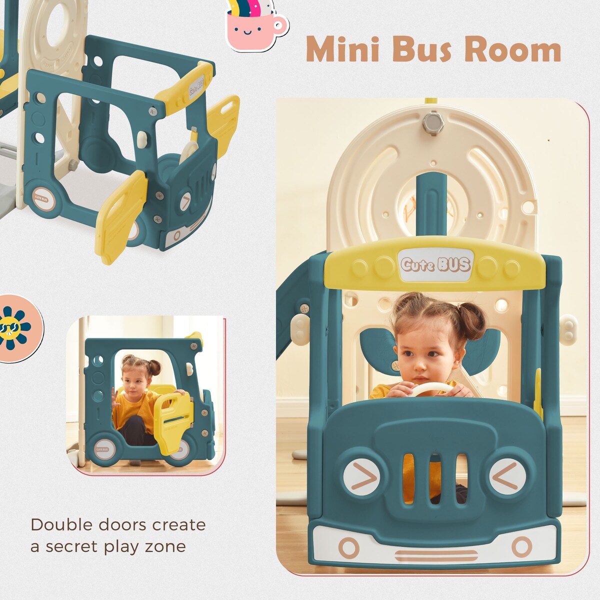 Freestanding Bus Toy with Slide Swing with Basketball Hoop