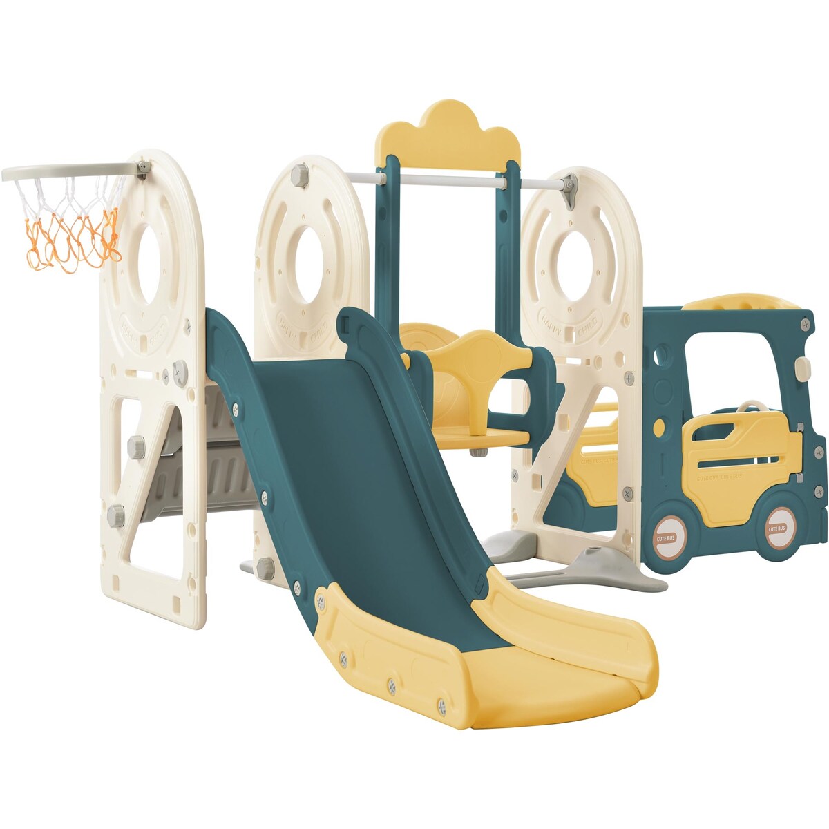 Freestanding Bus Toy with Slide Swing with Basketball Hoop
