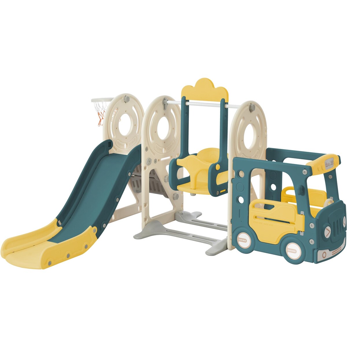 Freestanding Bus Toy with Slide Swing with Basketball Hoop