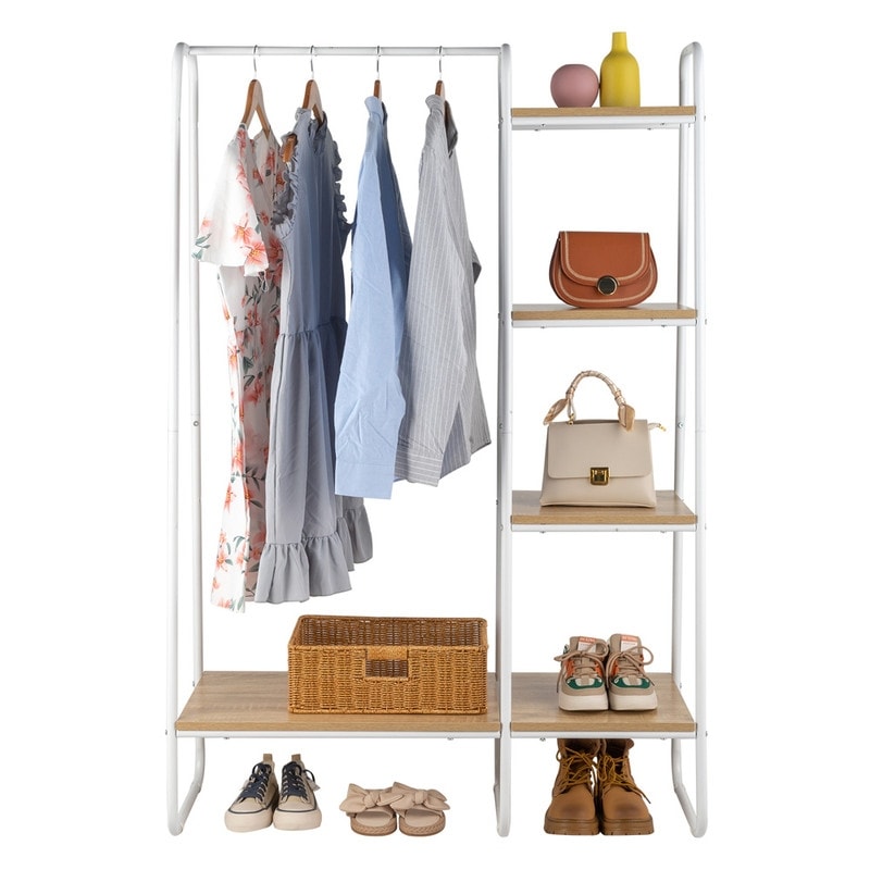 Freestanding Clothes Rack with 5 Wood Shelf - N/A