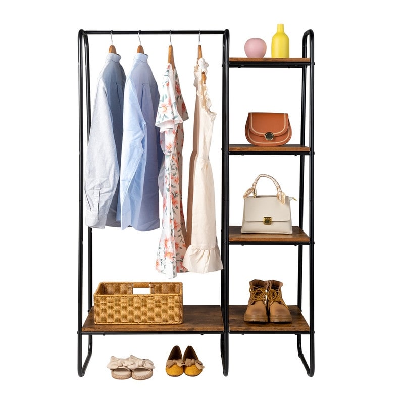 Freestanding Clothes Rack with 5 Wood Shelf - N/A