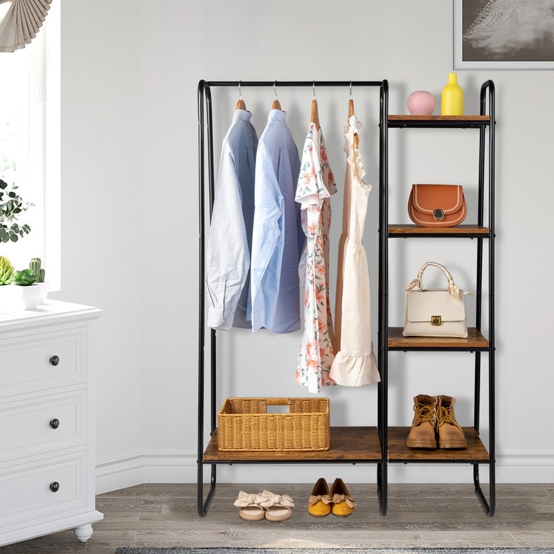 Freestanding Clothes Rack with 5 Wood Shelf - N/A