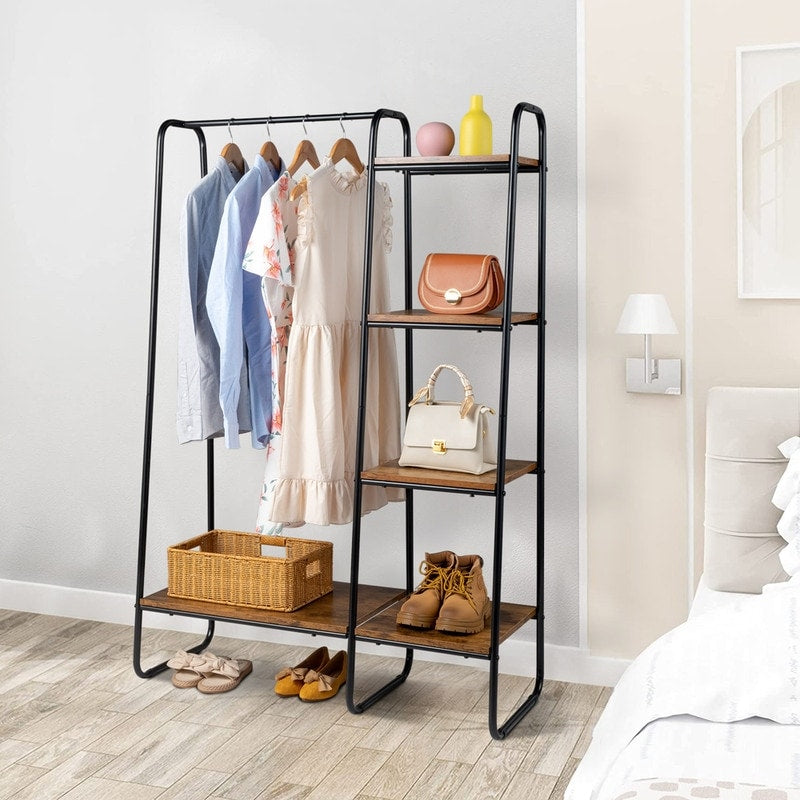 Freestanding Clothes Rack with 5 Wood Shelf - N/A