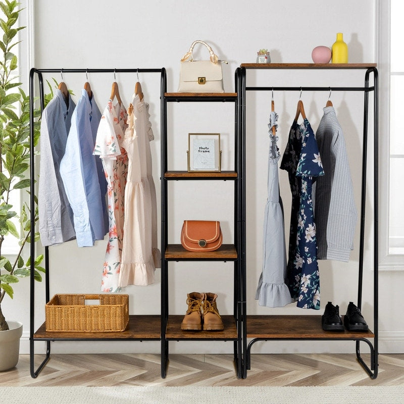 Freestanding Clothes Rack with 5 Wood Shelf - N/A