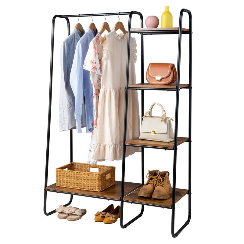 Freestanding Clothes Rack with 5 Wood Shelf - N/A