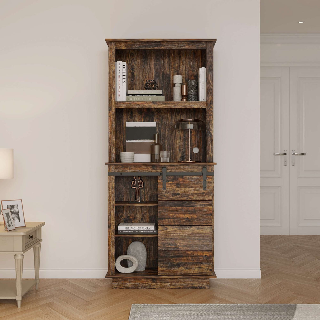 Freestanding Kitchen Pantry Storage Cabinet with Sliding Barn Door