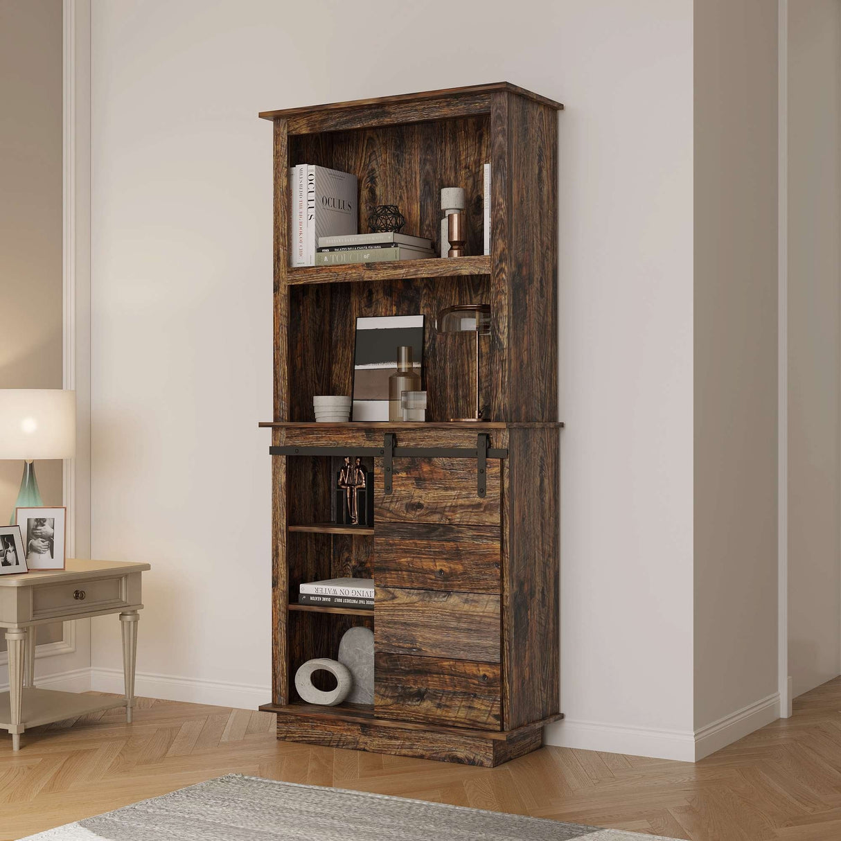 Freestanding Kitchen Pantry Storage Cabinet with Sliding Barn Door