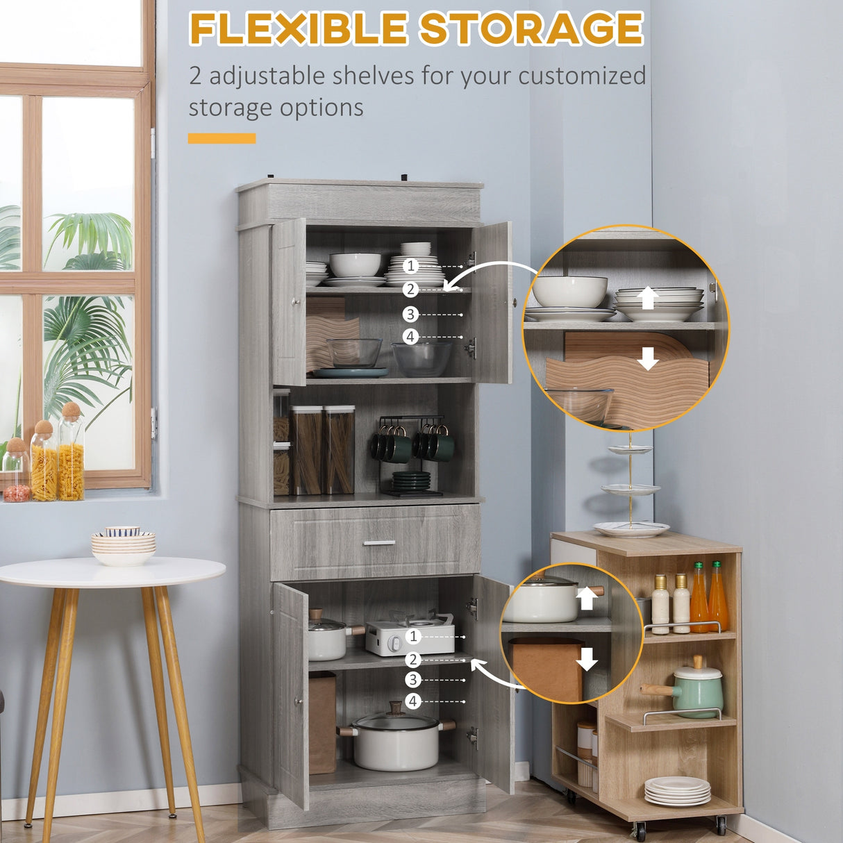 Freestanding Pantry Cabinet with Utility Drawer, 2 Door Cabinets, Adjustable Shelves and Countertop