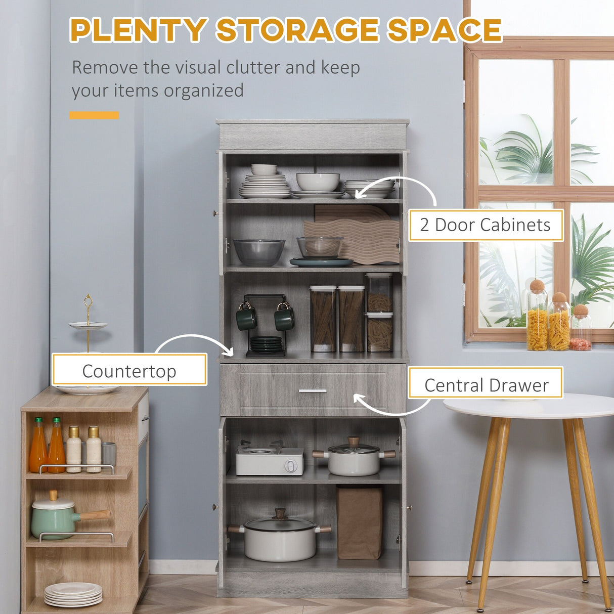 Freestanding Pantry Cabinet with Utility Drawer, 2 Door Cabinets, Adjustable Shelves and Countertop