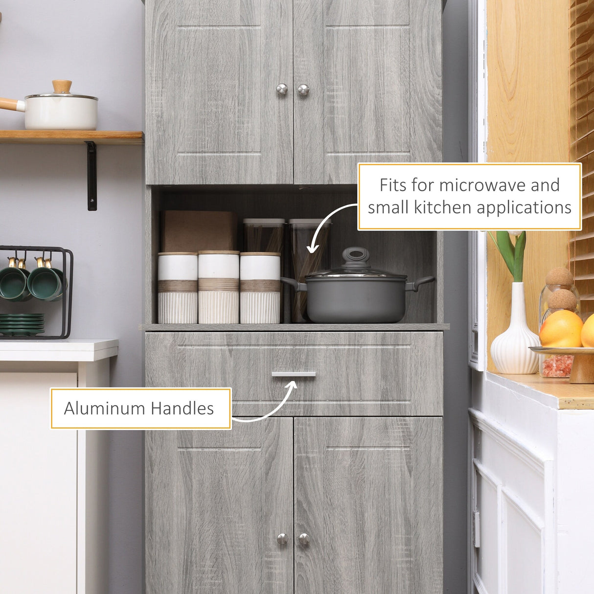 Freestanding Pantry Cabinet with Utility Drawer, 2 Door Cabinets, Adjustable Shelves and Countertop