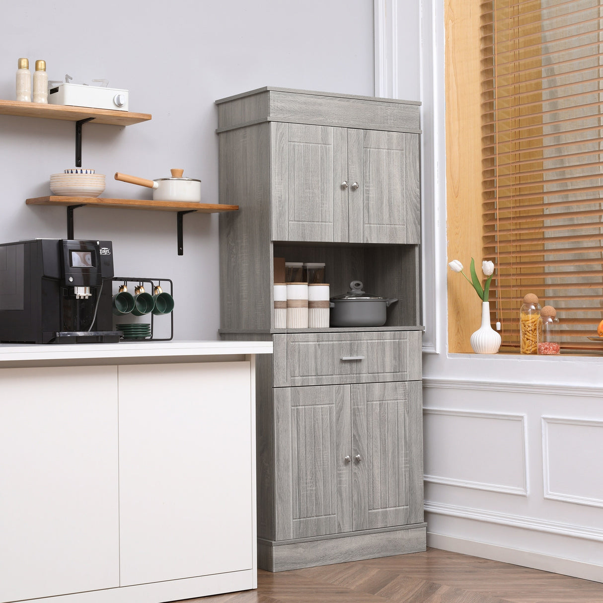 Freestanding Pantry Cabinet with Utility Drawer, 2 Door Cabinets, Adjustable Shelves and Countertop