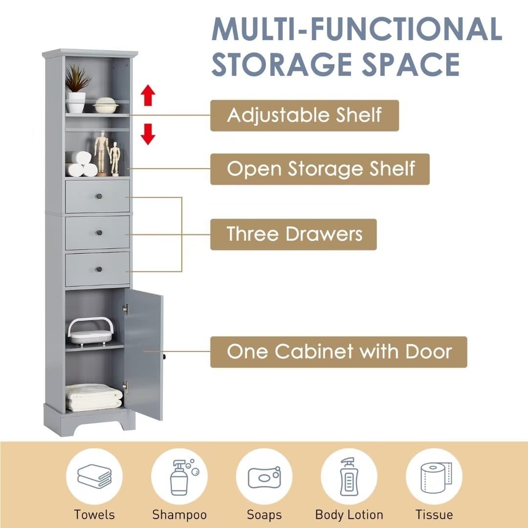 Freestanding Storage Cabinet with 3 Drawers and Adjustable Shelf - 10" x 15"x 68.3"