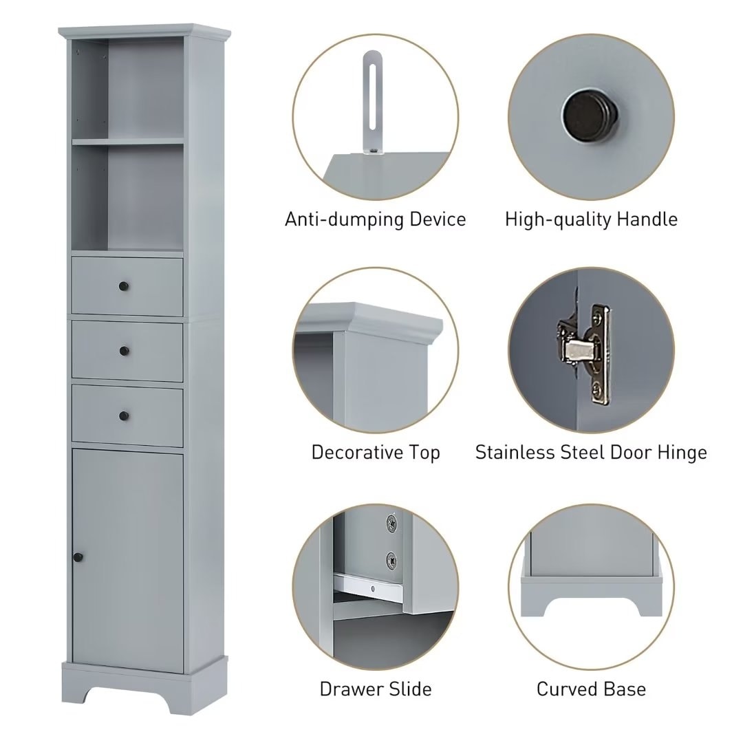 Freestanding Storage Cabinet with 3 Drawers and Adjustable Shelf - 10" x 15"x 68.3"
