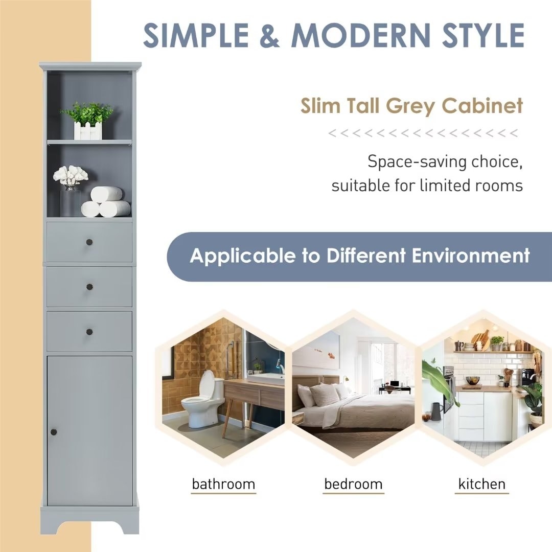Freestanding Storage Cabinet with 3 Drawers and Adjustable Shelf - 10" x 15"x 68.3"