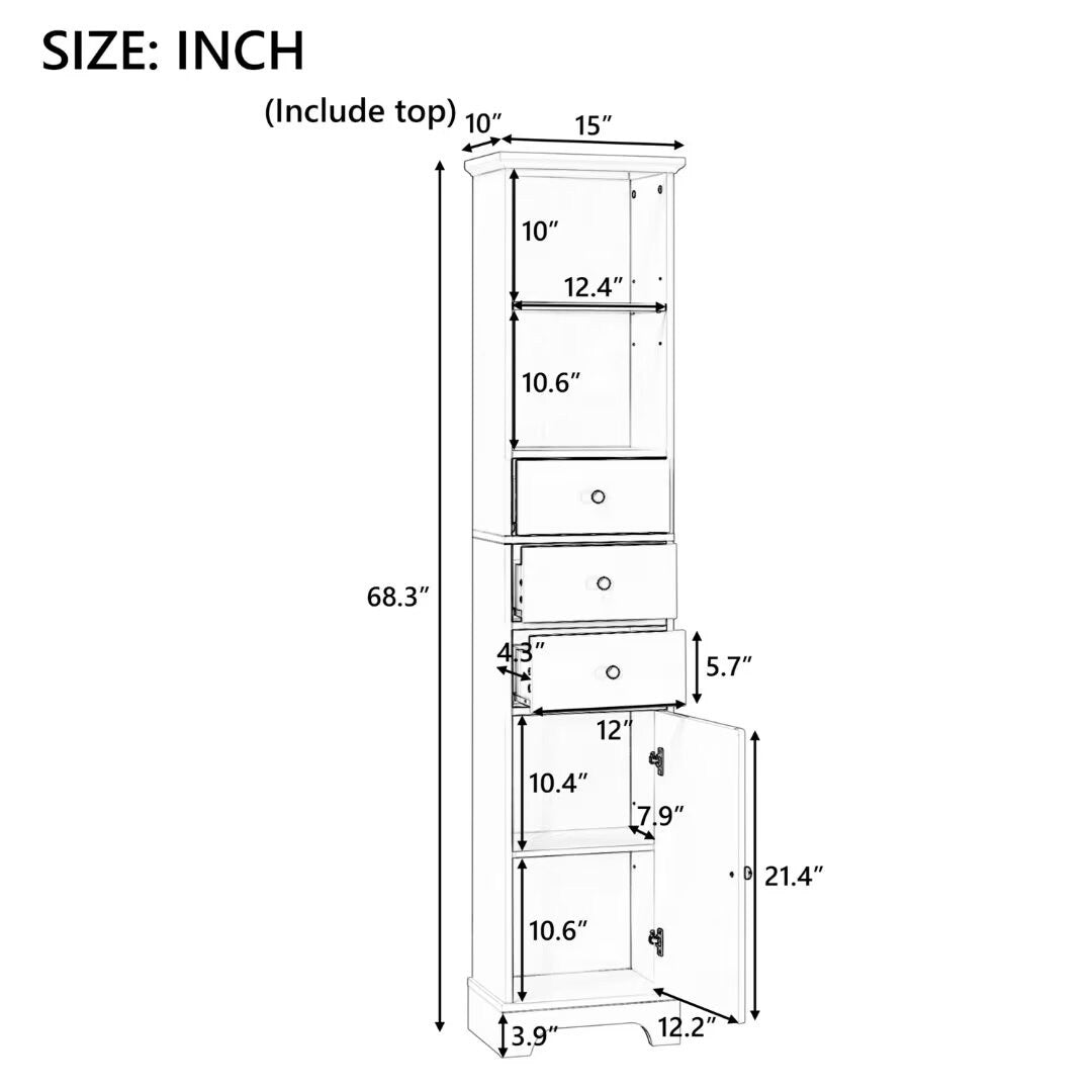 Freestanding Storage Cabinet with 3 Drawers and Adjustable Shelf - 10" x 15"x 68.3"