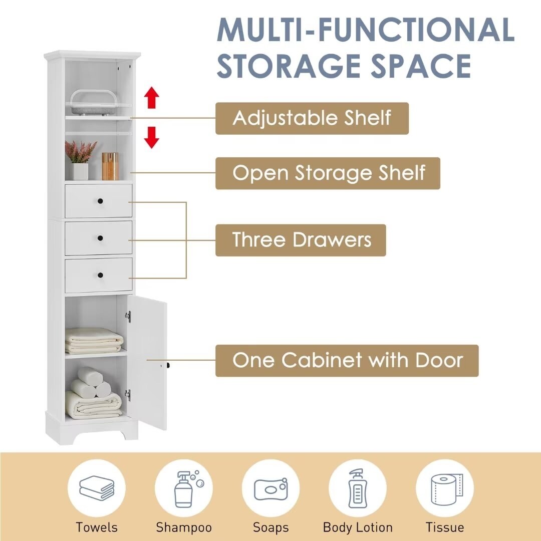 Freestanding Storage Cabinet with 3 Drawers and Adjustable Shelf - 10" x 15"x 68.3"