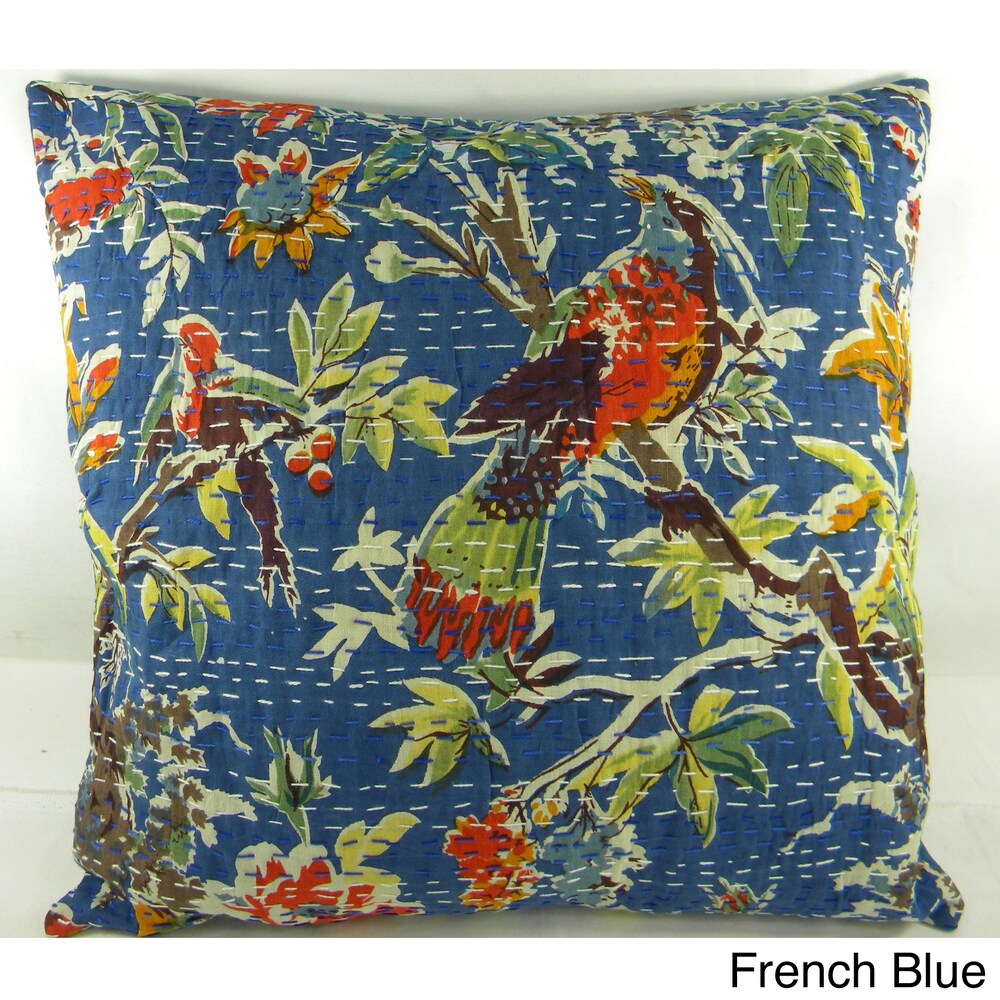 Ethnic Kantha Stitch Tropical Birds Cushion Cover , Handmade in India