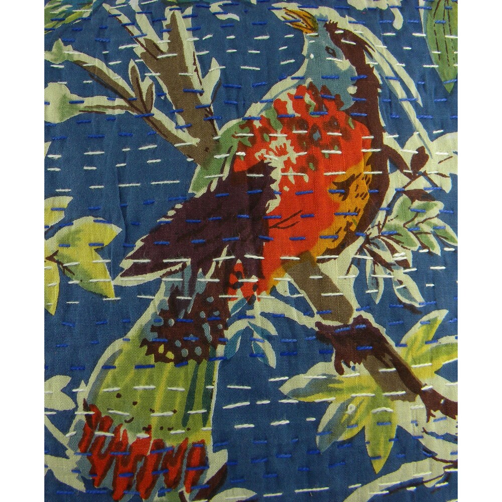 Ethnic Kantha Stitch Tropical Birds Cushion Cover , Handmade in India