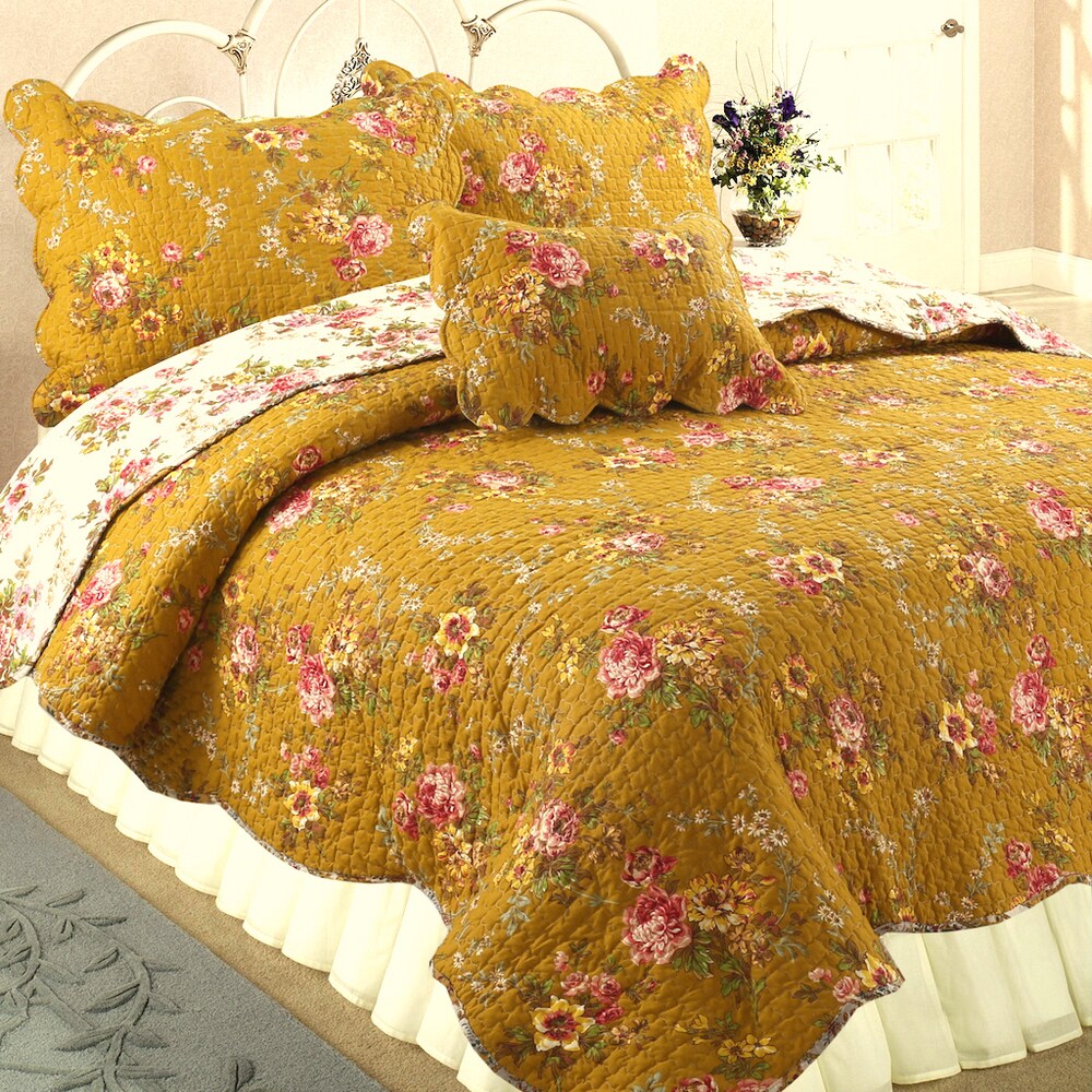French Country Floral Blooming 3-Piece Cotton Reversible Quilt Bedding Set