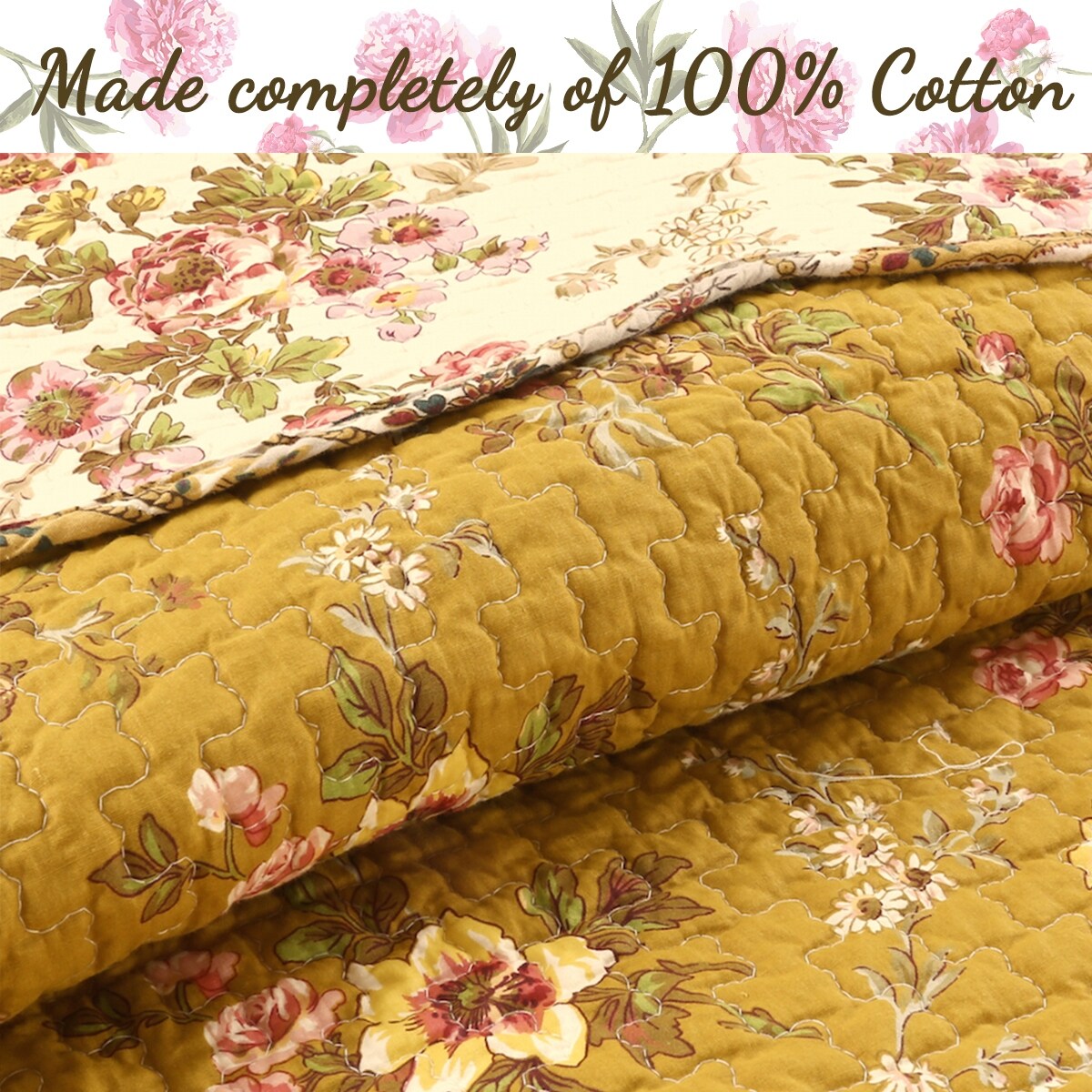 French Country Floral Blooming 3-Piece Cotton Reversible Quilt Bedding Set
