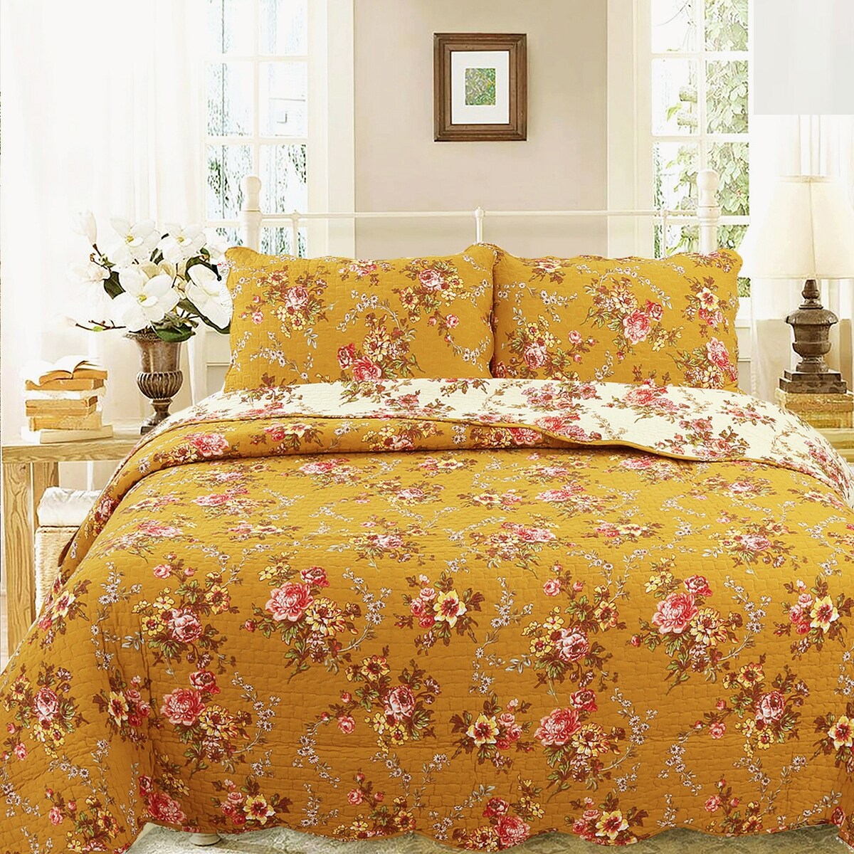 French Country Floral Blooming 3-Piece Cotton Reversible Quilt Bedding Set