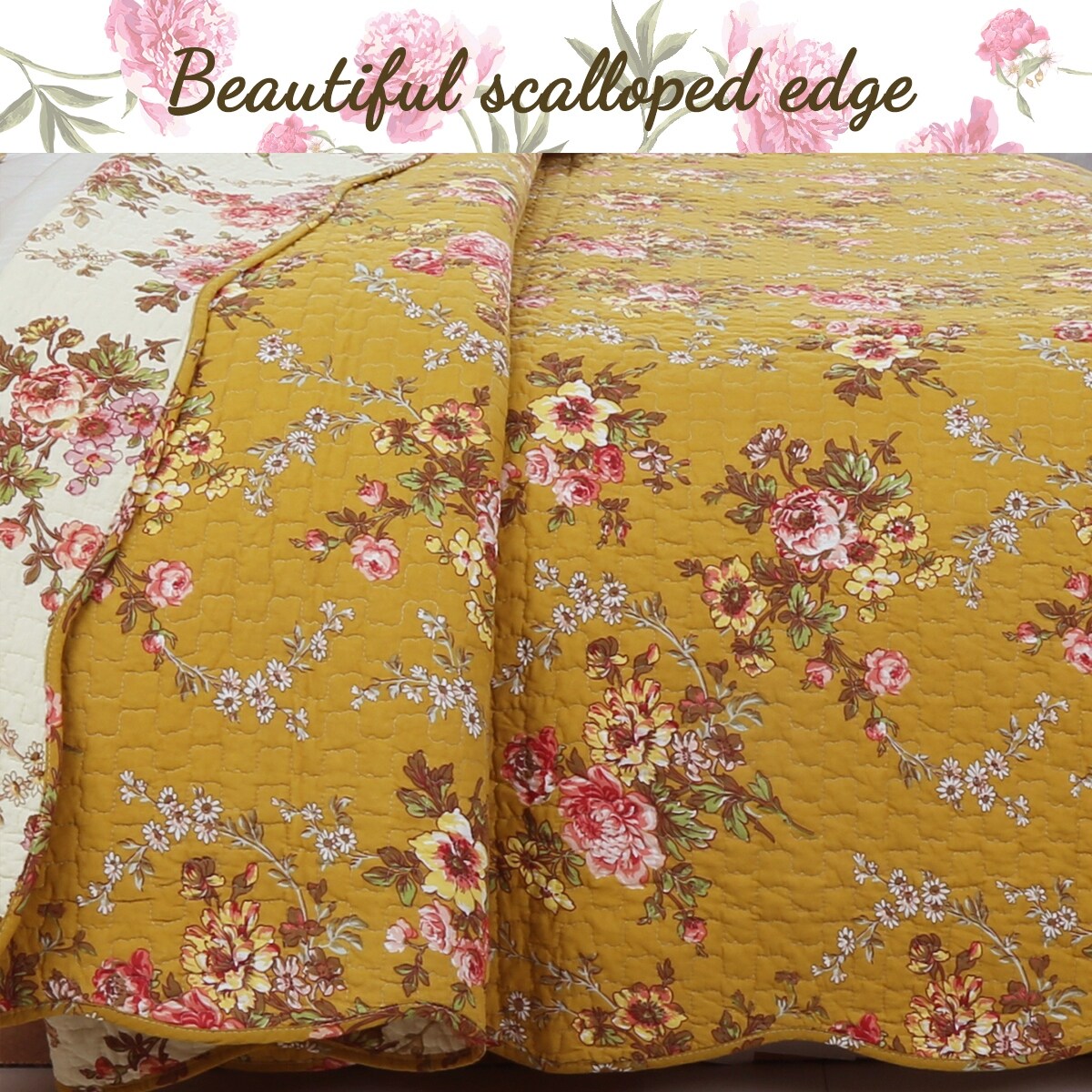 French Country Floral Blooming 3-Piece Cotton Reversible Quilt Bedding Set