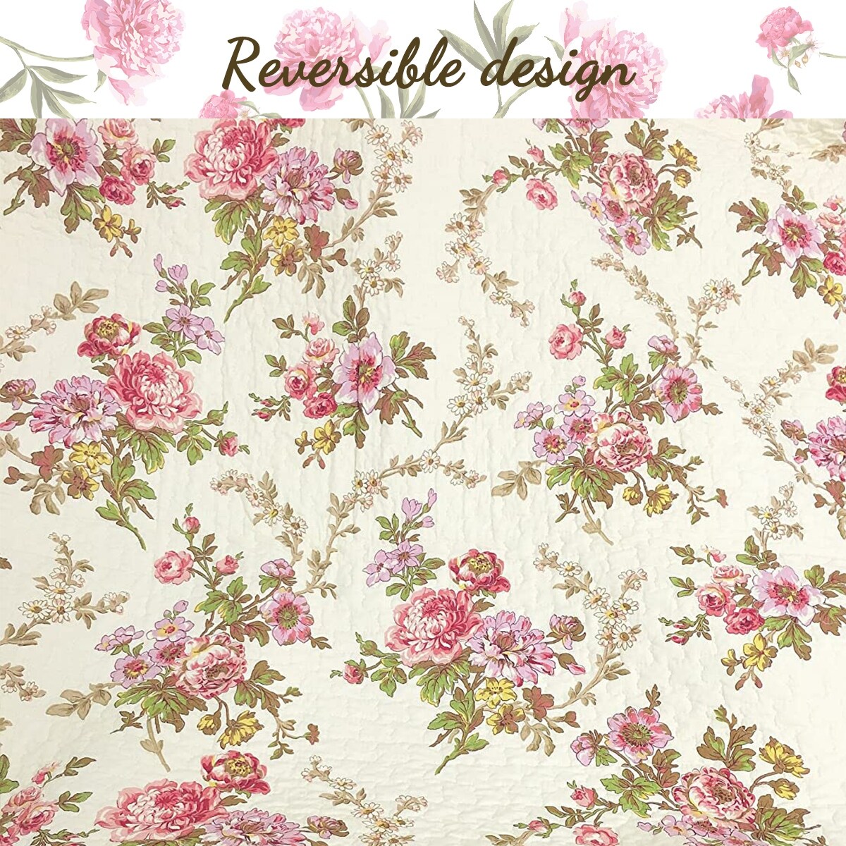French Country Floral Blooming 3-Piece Cotton Reversible Quilt Bedding Set