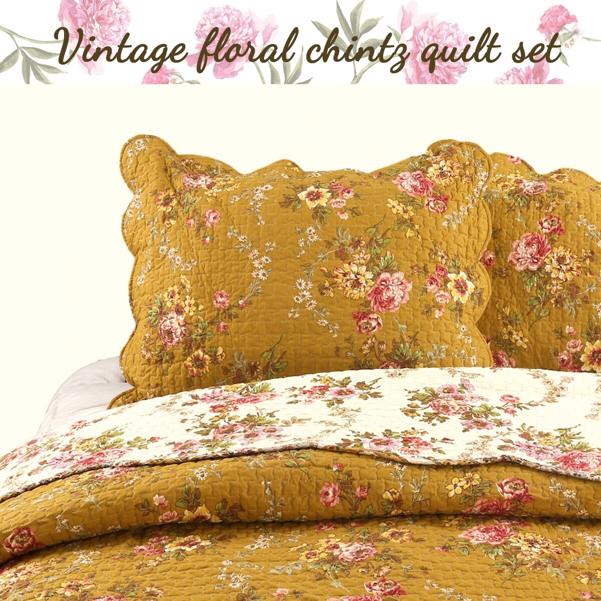 French Country Floral Blooming 3-Piece Cotton Reversible Quilt Bedding Set