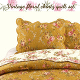 French Country Floral Blooming 3-Piece Cotton Reversible Quilt Bedding Set