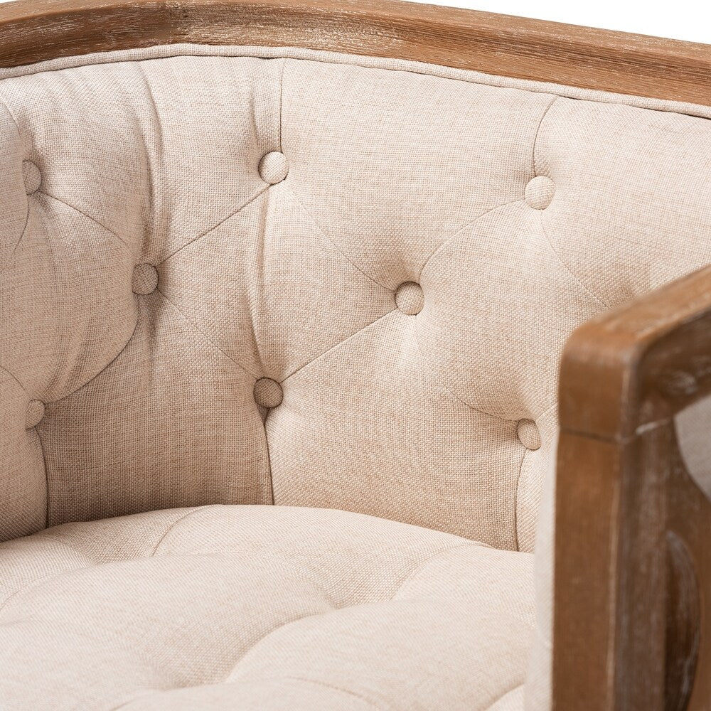 French Provincial Beige Linen Fabric Upholstered Accent Barrel Chair