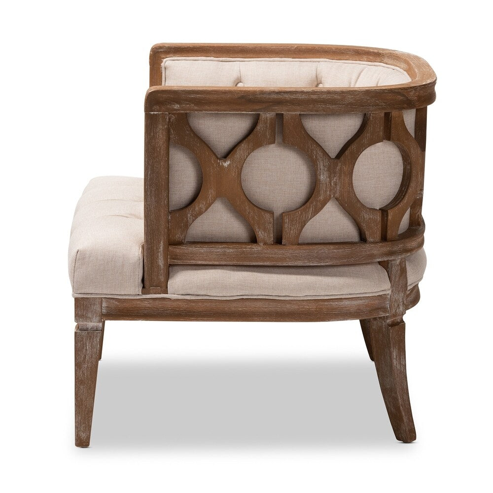French Provincial Beige Linen Fabric Upholstered Accent Barrel Chair