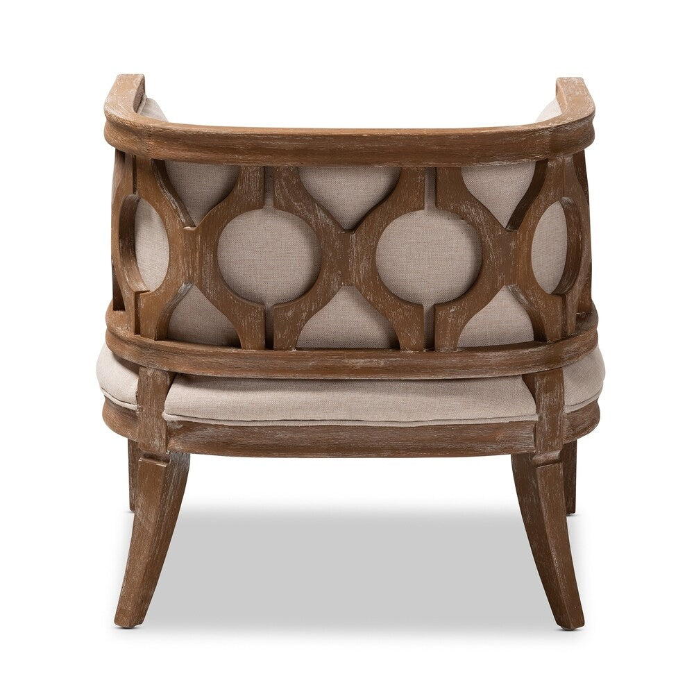 French Provincial Beige Linen Fabric Upholstered Accent Barrel Chair