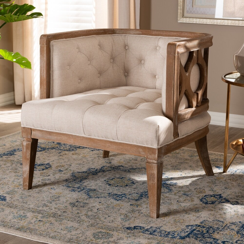 French Provincial Beige Linen Fabric Upholstered Accent Barrel Chair